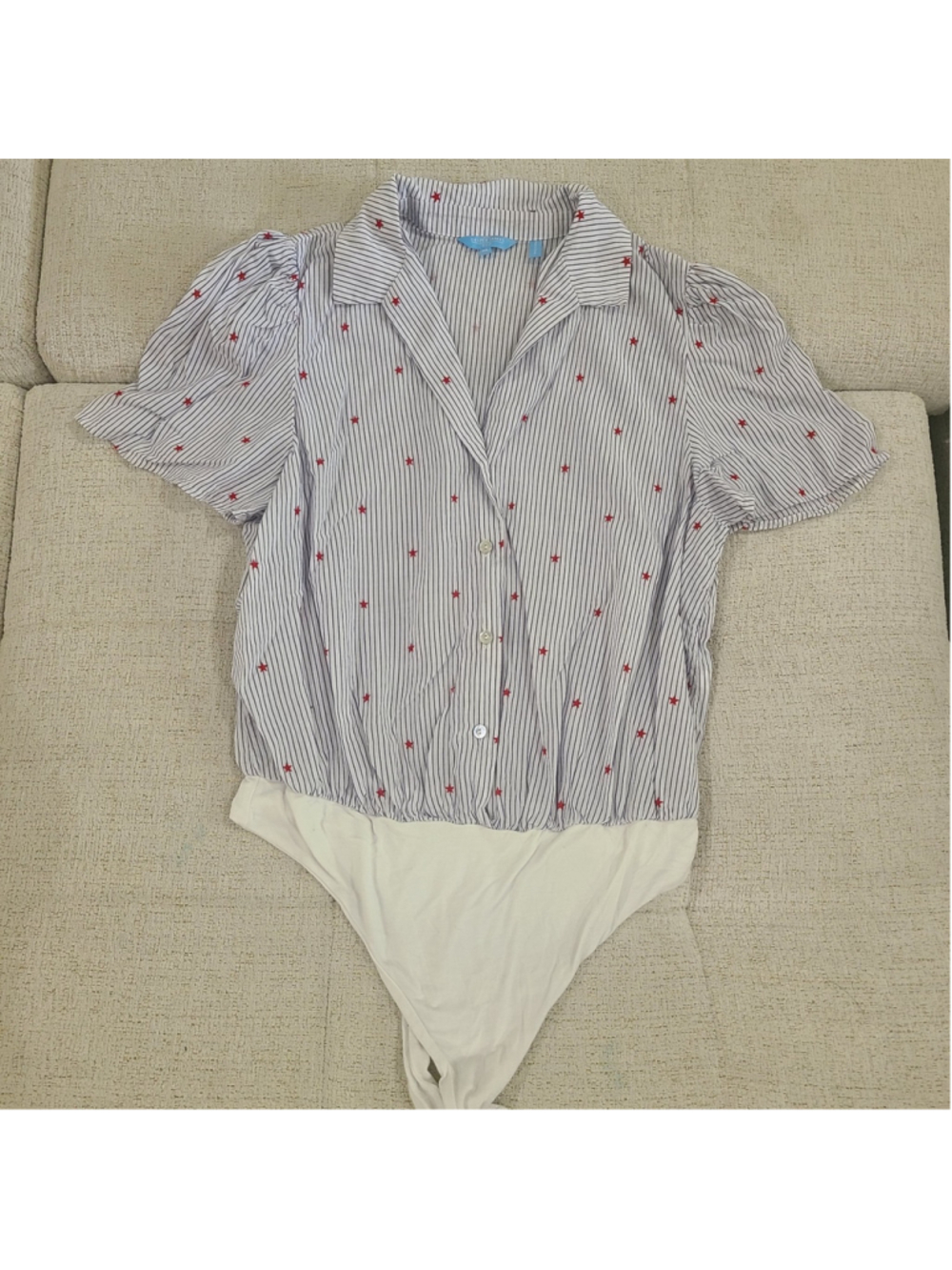 DRAPER JAMES RSVP Blue White Striped Red Stars Print Bodysuit Snap Shirt Size XL